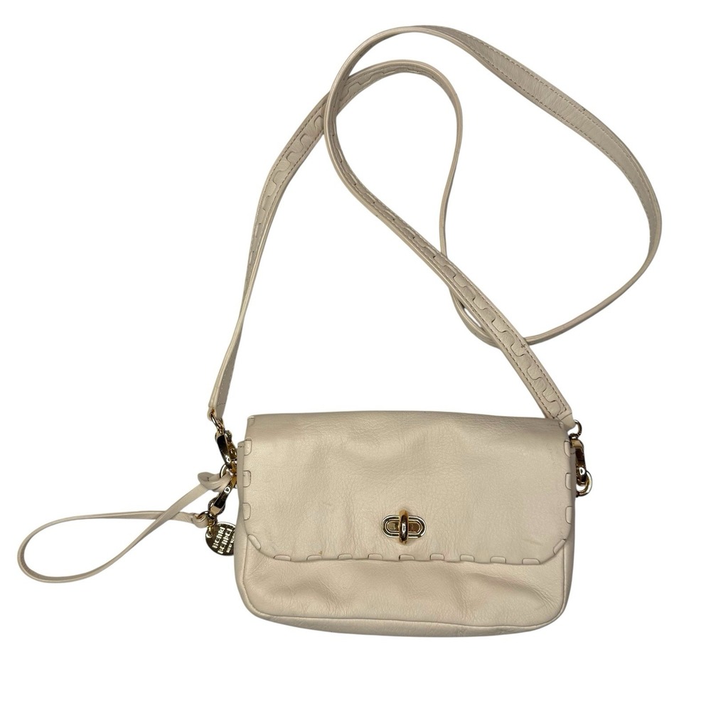 Vintage Henri Bendel Soft Leather Crossbody Shoulder Bag Cream Beige Turnlock